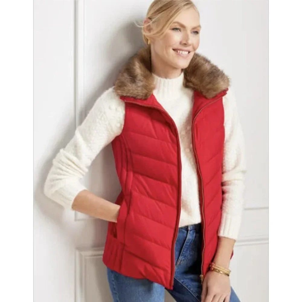Talbots Puffer Vest Down Detachable Faux Fur Collar Sz Medium Petite - Picture 2 of 7